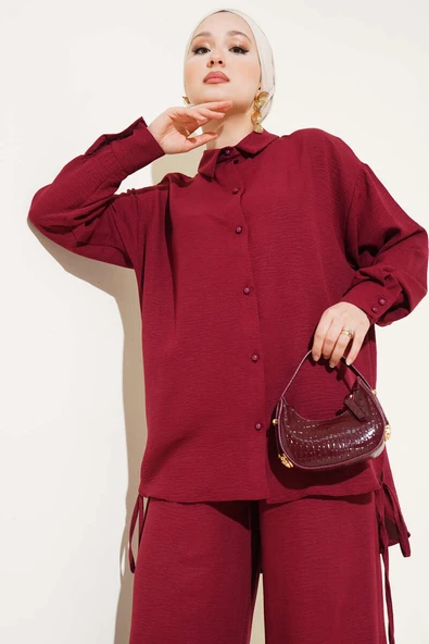 Yanları İp Detaylı İkili Takım Bordo - Resim 2