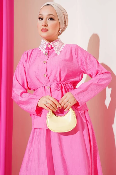 Dantel Yaka Etekli İkili Takım Pembe - Resim 2