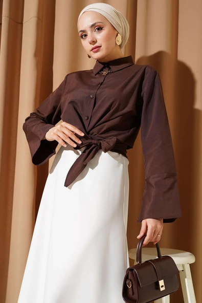 Önden Bağlamalı Kısa Gömlek Kahve ürün görseli 1