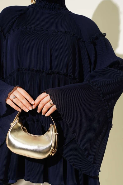 Pliseli Kat Kat Salaş Tunik Lacivert - Resim 4