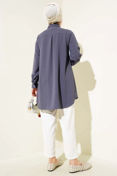 Taş Düğmeli Fırfırlı Gömlek Füme - Resim 3