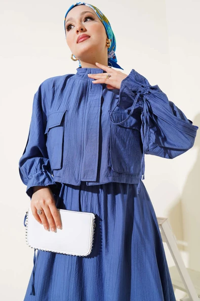 Göğüs Cepli Fermuarlı Etekli İkili Takım İndigo - Resim 2