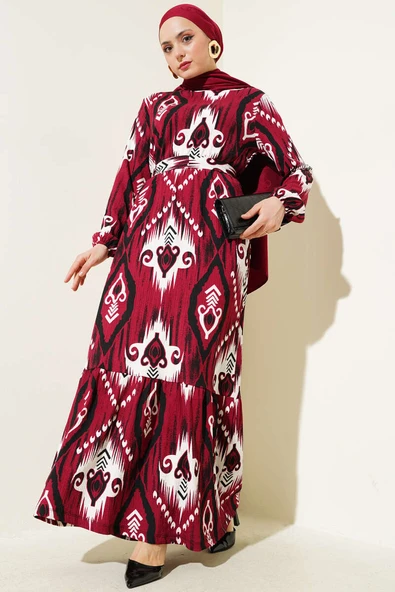 Desenli Kuşaklı Volanlı Elbise Bordo ürün görseli 1