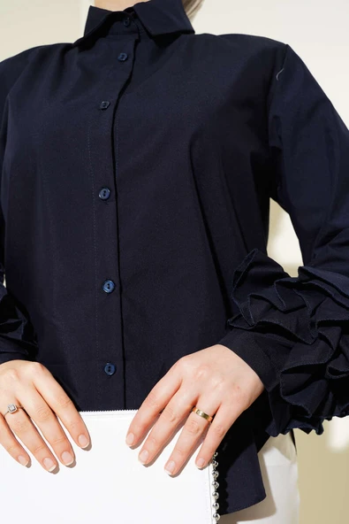 Bilek Fırfırlı Kısa Gömlek Lacivert - Resim 4