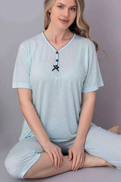 Puantiyeli Düğmeli Kapri Pijama Takımı Mint - Resim 2