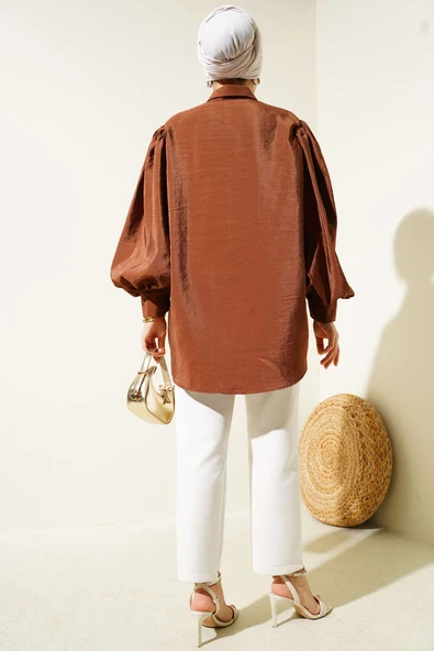 Kırışık Doku Balon Kol Gömlek Kahve - Resim 3