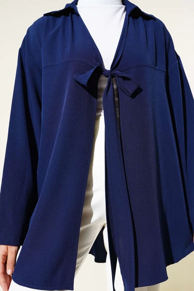 Klasik Yaka Bağlamalı Kimono Lacivert - Resim 4