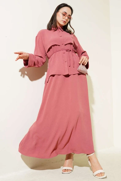 Parça Detaylı Kuşaklı Etekli Ayrobin Takım Gül Kurusu ürün görseli 1