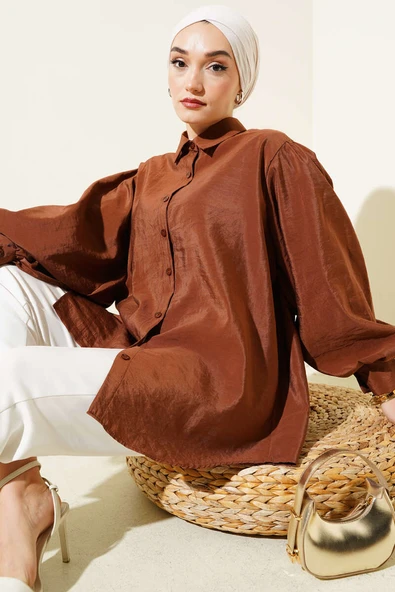 Kırışık Doku Balon Kol Gömlek Kahve ürün görseli 1