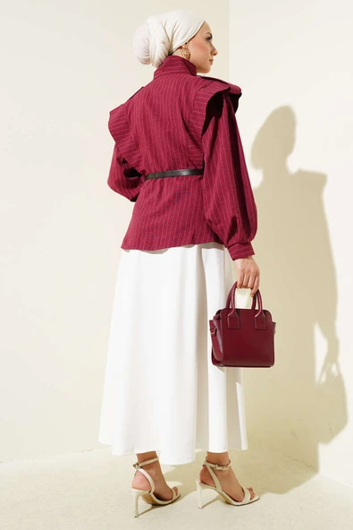 Çizgili Omuz Apoletli Kemerli Ceket Bordo - Resim 3