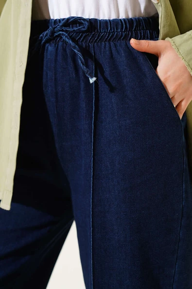 Bel Lastikli Çımalı Kot Pantolon Lacivert - Resim 4