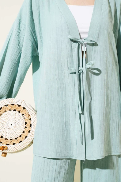 Önü İp Bağcıklı Krinkıl İkili Takım Mint - Resim 4