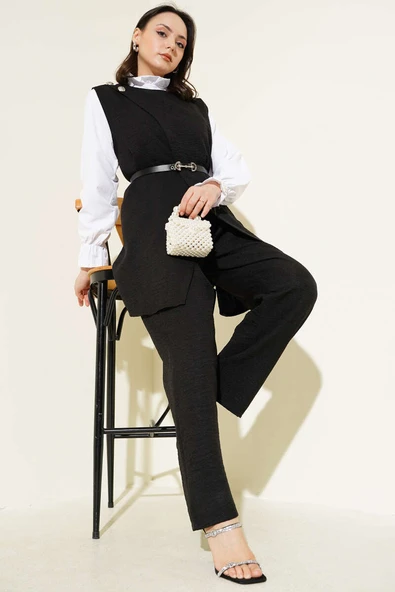 Düğme Detaylı Kemerli Üçlü Takım Siyah ürün görseli 1