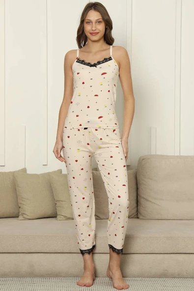 Meyve Desenli Askılı Pijama Takım Bej - Resim 2