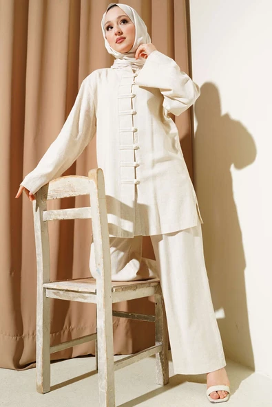 Brit Düğmeli Keten Tunik İkili Takım Bej ürün görseli 1