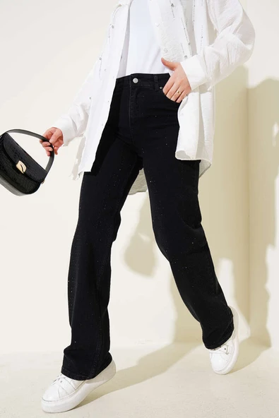 Taşlı Palazzo Kot Pantolon Füme ürün görseli 1