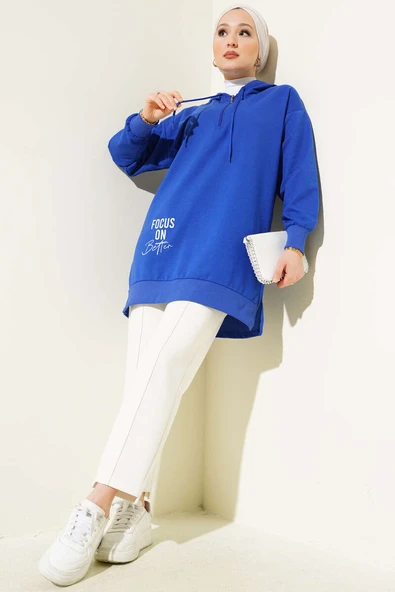 Kapüşonlu Yarım Fermuarlı Baskılı Tunik Saks - Resim 2