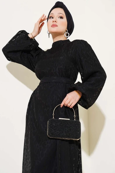 Balon Kol Kendinden Desenli Elbise Siyah - 2