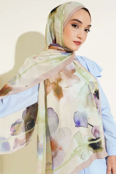 Çiçek Desenli Bambu Şal Bej ürün görseli 1