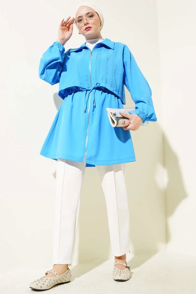 Pelerinli Taşlı Bel Tünelli Kap Mavi - Resim 2