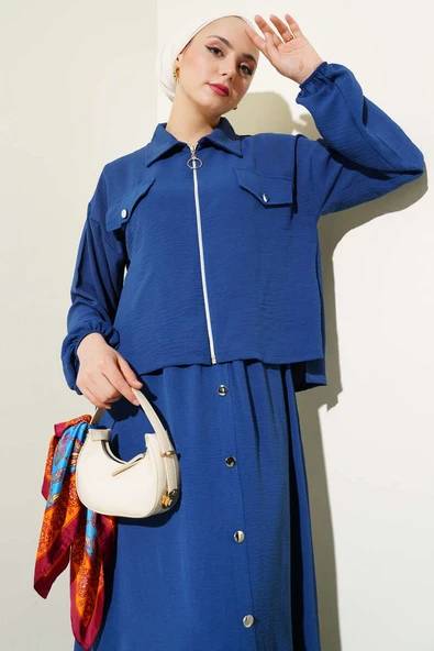 Düğme Detaylı Fermuarlı Ayrobin Jile İkili Takım İndigo - Resim 2