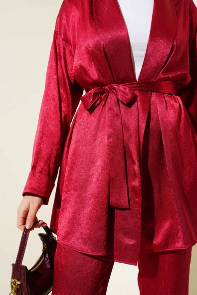 Kuşaklı Kırışık Saten İkili Takım Bordo - Resim 4