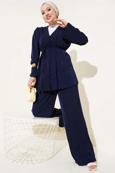 Brit Düğmeli İp Kuşaklı Tunik İkili Takım Lacivert - Resim 2