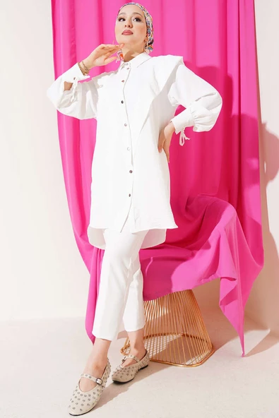 V Yaka Fırfırlı Tunik Beyaz - Resim 2