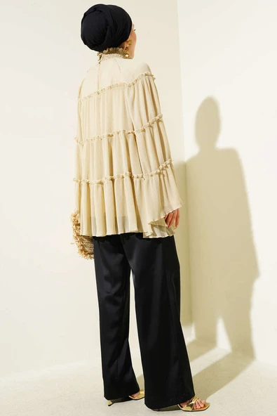 Pliseli Kat Kat Salaş Tunik Bej - Resim 3