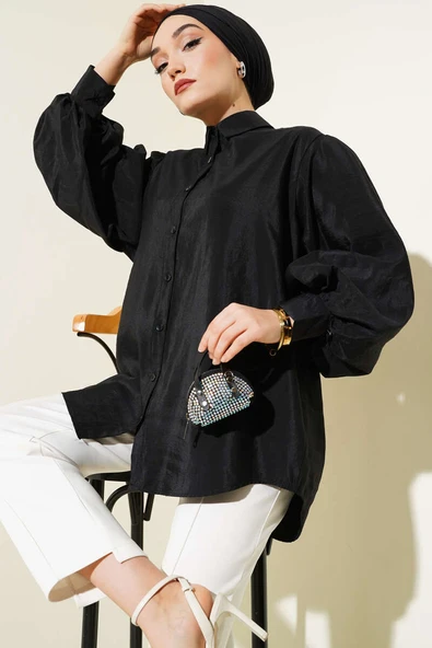 Kırışık Doku Balon Kol Gömlek Siyah ürün görseli 1