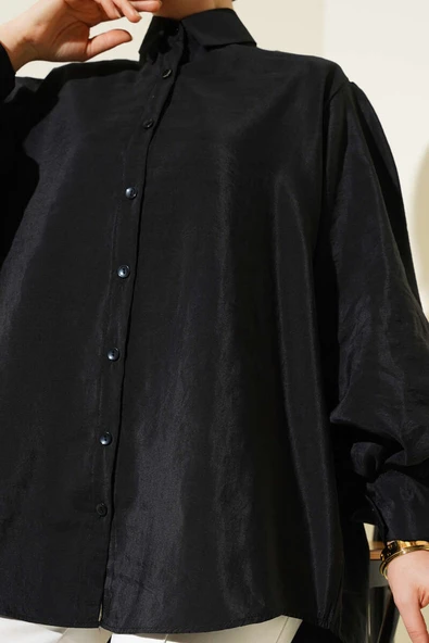 Kırışık Doku Balon Kol Gömlek Siyah - Resim 4