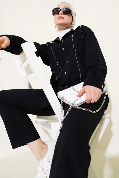 Sıra Taşlı Kot İkili Takım Siyah - Resim 2