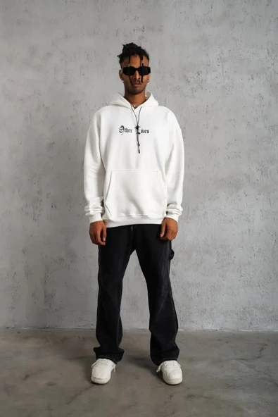 Kadın Oversize Üç İplik Şardonlu Kapüşonlu Sweatshirt – Beyaz “Other Lives” Ön ve Arka Baskılı, Kanguru Cepli, Ribanalı - Resim 3