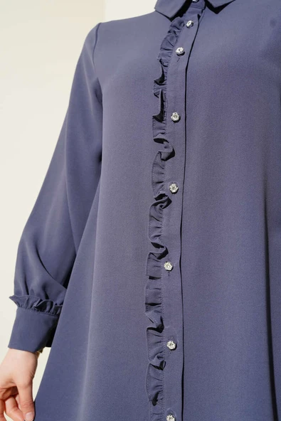 Taş Düğmeli Fırfırlı Gömlek Füme - Resim 4