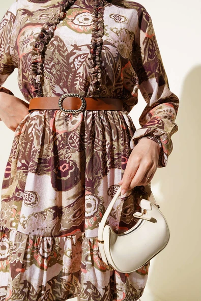 Etnik Desenli Kemerli Tunik İkili Takım Haki - Resim 4