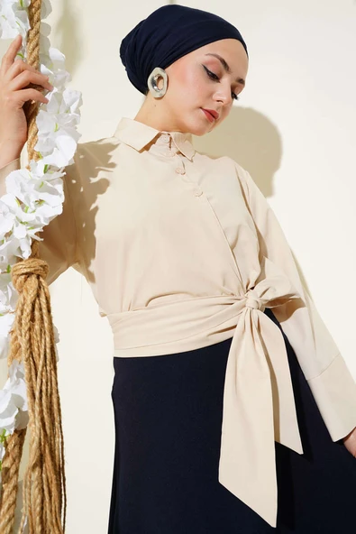 Düğmeli Yan Bağlamalı Kısa Gömlek Bej ürün görseli 1