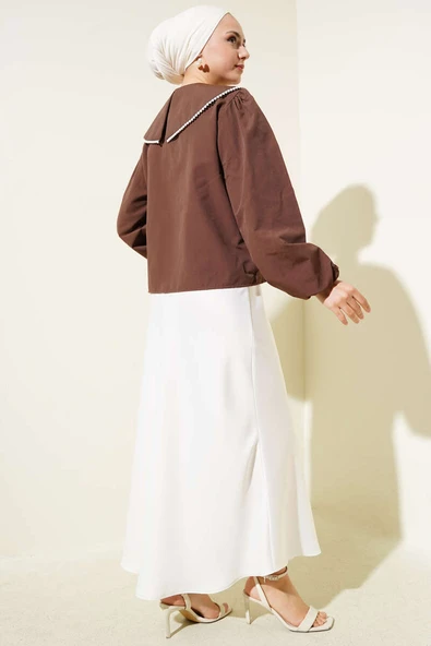 İnci Detaylı Denizci Yaka Kısa Gömlek Kahve - Resim 3