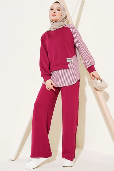 Loyşa Çizgi Garnili Tunik İkili Takım Bordo ürün görseli 1