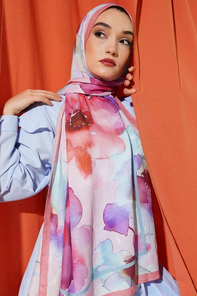 Çiçek Desenli Bambu Şal Somon - Resim 2