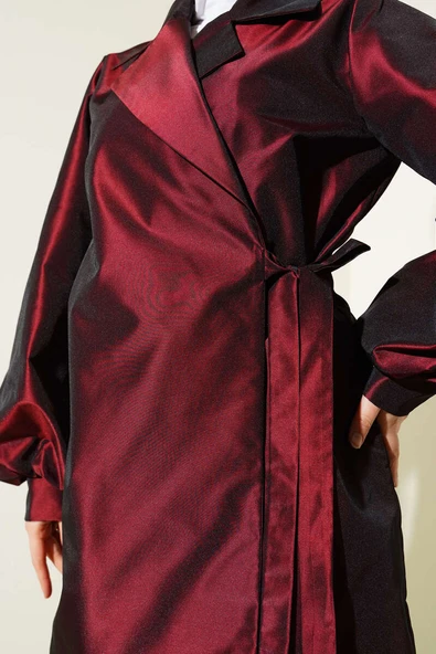 Yan Bağlamalı Parlak Tafta Ceket Bordo - Resim 4