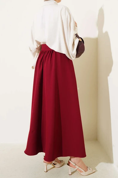 Bel Fermuarlı Cepli Kloş Etek Bordo - Resim 3