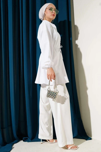 Taşlı Brit Düğmeli Terikoton Gömlek Beyaz - Resim 3