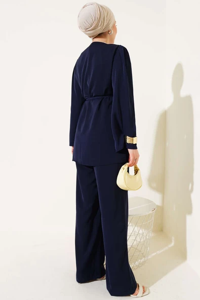 Brit Düğmeli İp Kuşaklı Tunik İkili Takım Lacivert - Resim 3