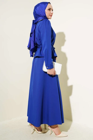 Taşlı Bebe Yaka Etekli İkili Takım Saks - Resim 3