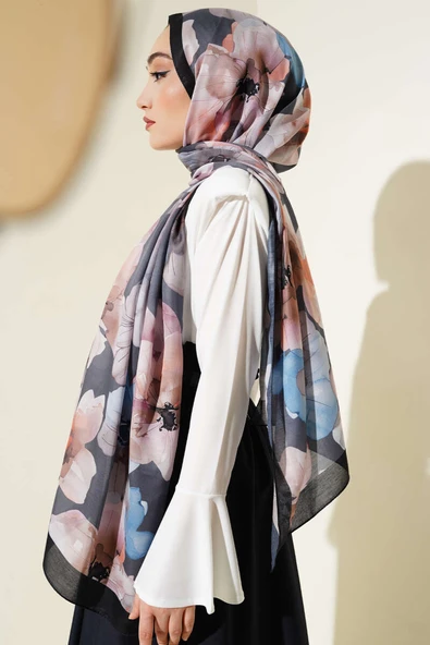 Menekşe Desen Şal Siyah - Resim 3