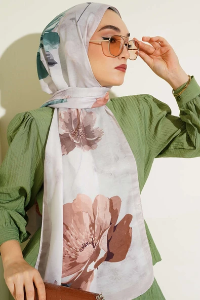 Retro Çiçek Desenli Şal Bej - Resim 2