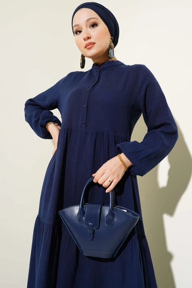 Yarım Düğmeli Hakim Yaka Müslin Elbise Lacivert - Resim 2