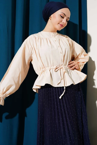 Bilek Lastikli Bel Tünelli Kısa Gömlek Bej ürün görseli 1