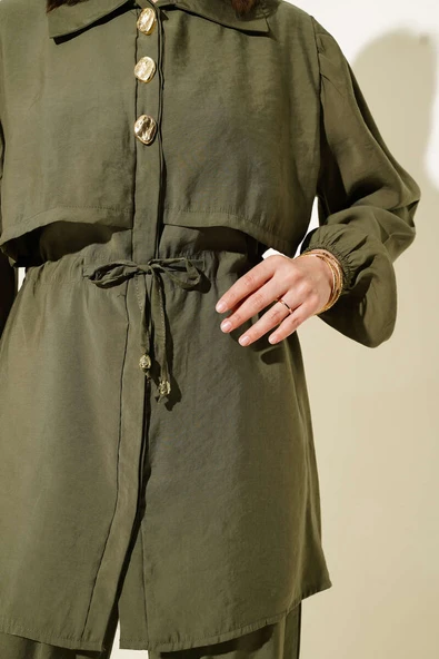 Parça Detaylı Bel Tünelli İkili Takım Haki - Resim 4