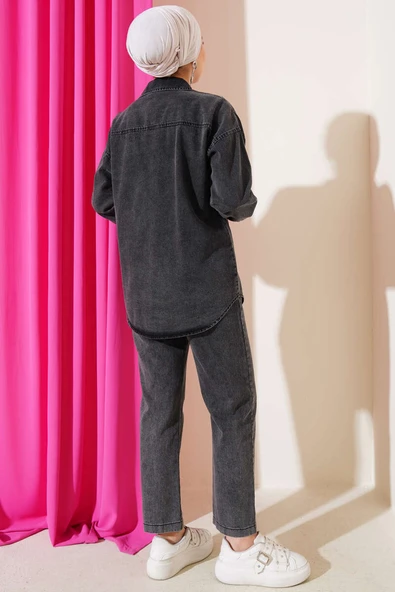 Sıra Taşlı Kot İkili Takım Füme - Resim 3